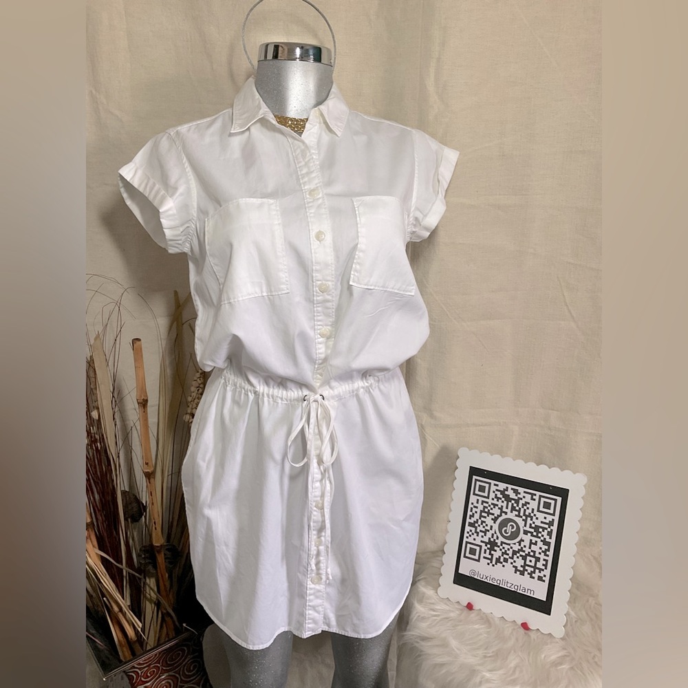 PAIGE White Button-Front Drawstring Mini Shirt Dress